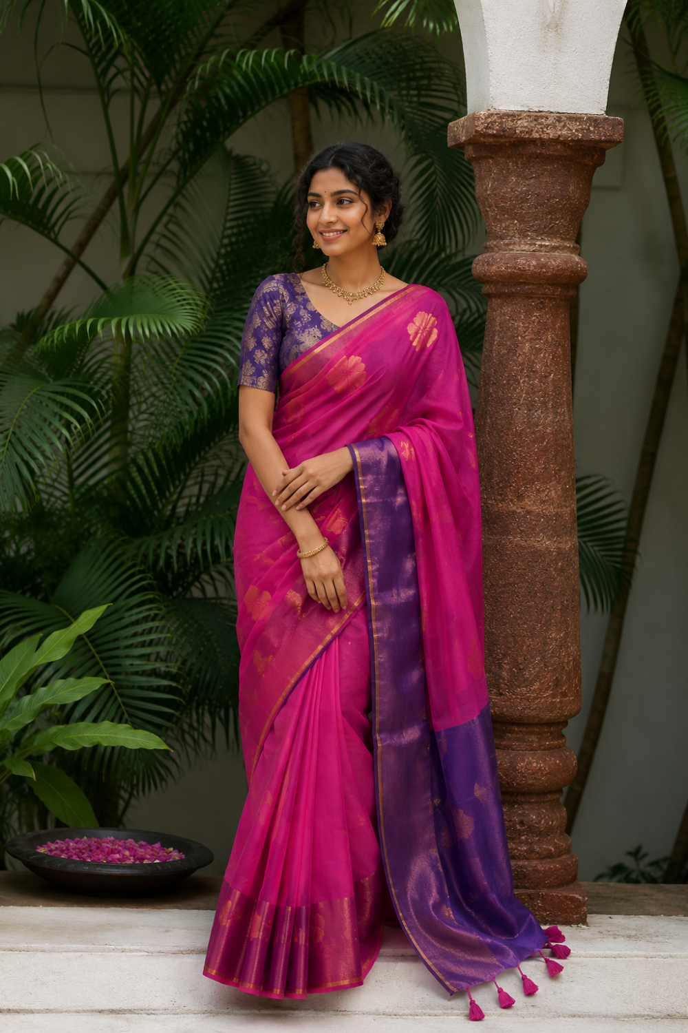 Naidu Hall Women's Rani Pink Mulmul Cotton Blend Jacquard Saree with Blouse | Lightweight Ethnic Wear Saree - R121