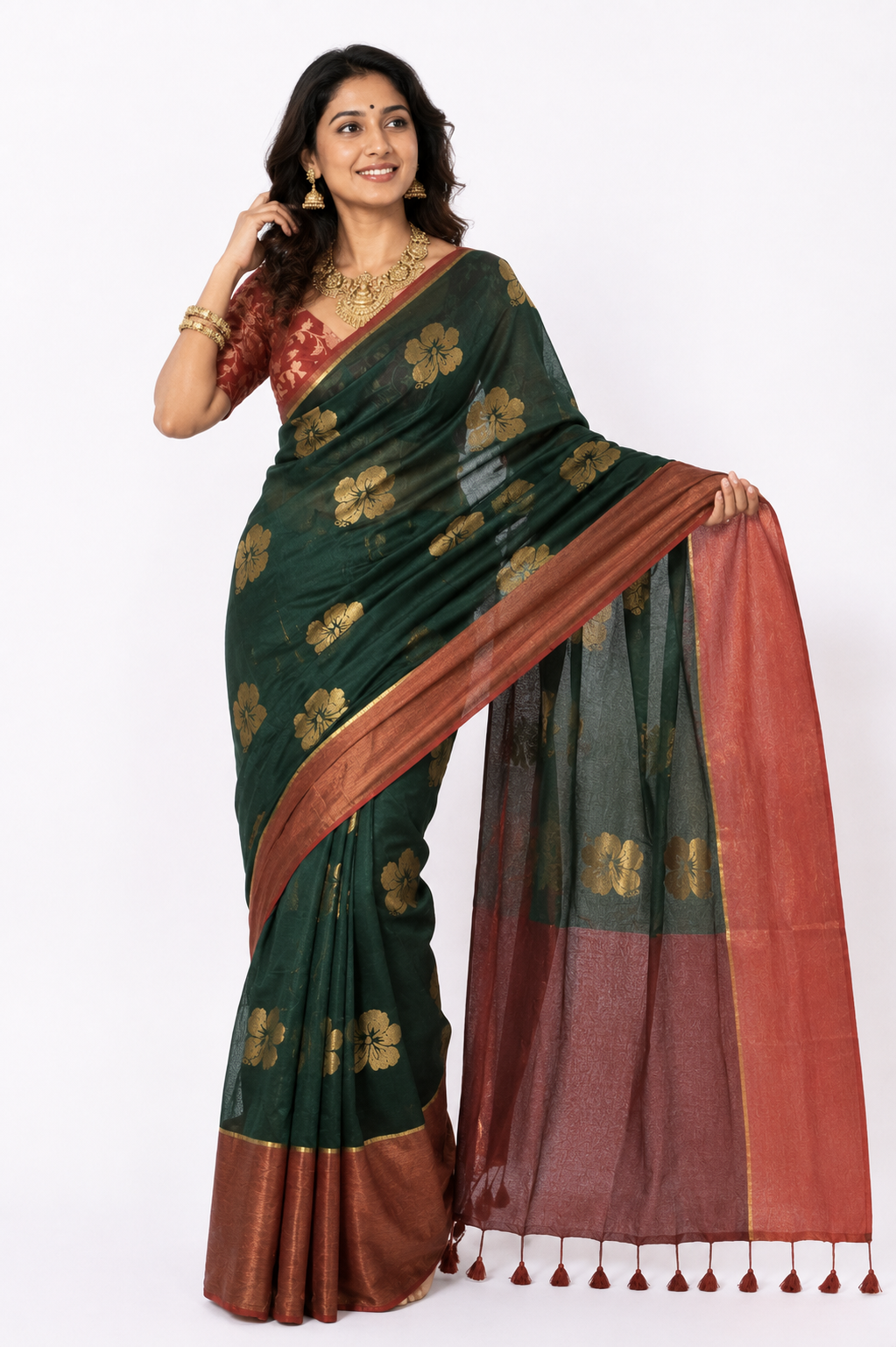 Naidu Hall Women's Green Mulmul Cotton Blend Jacquard Saree with Blouse | Lightweight Ethnic Wear Saree - R121