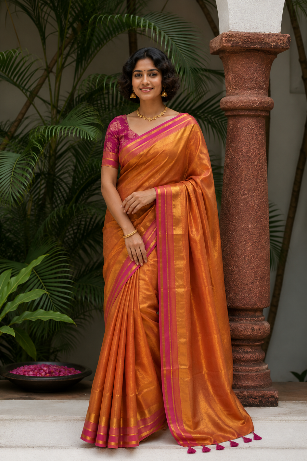 Naidu Hall Women's Rani Pink Tissue Cotton Blend Solid Saree with Blouse | Lightweight Ethnic Wear Saree - R130