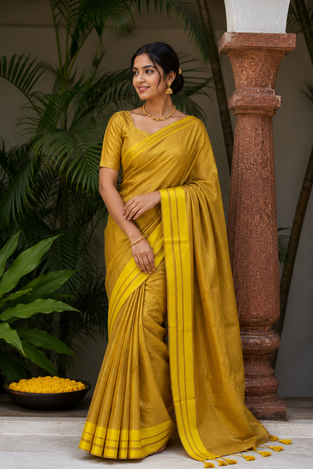 Naidu Hall Women's Yellow Tissue Cotton Blend Solid Saree with Blouse | Lightweight Ethnic Wear Saree - R130