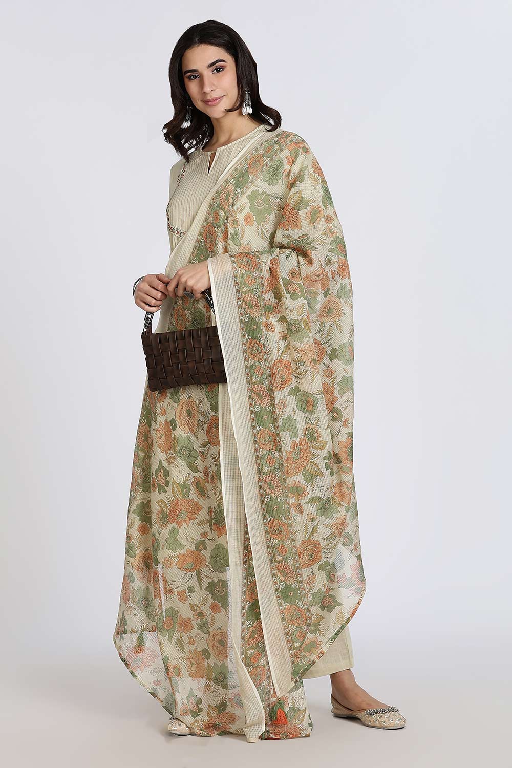 Mythri Women’s Cotton Cambric Kurthi Set 3 Piece Straight Cut Embroidered Kurthi with Pants and Kota Shawl - Green - R503