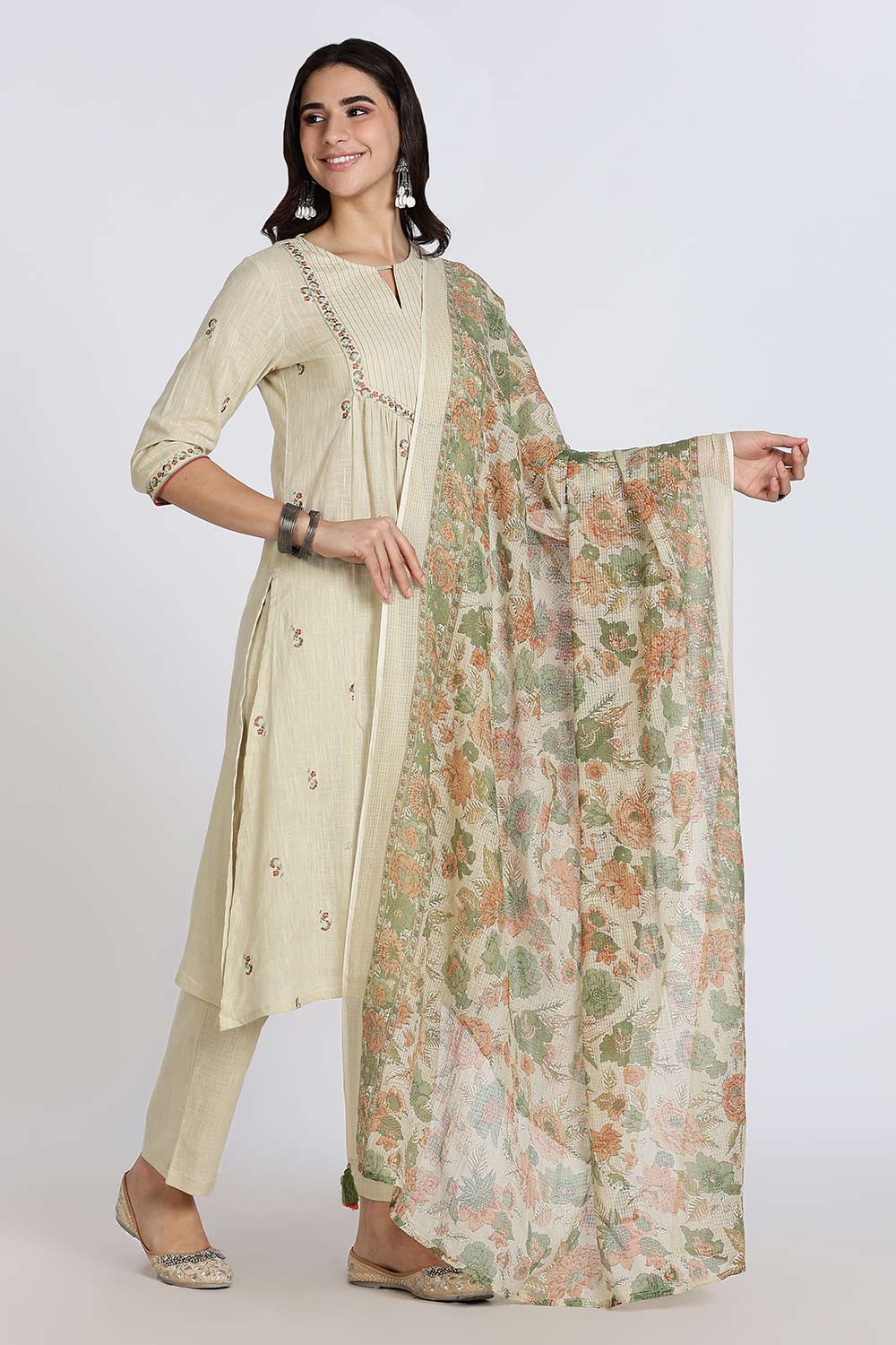 Mythri Women’s Cotton Cambric Kurthi Set 3 Piece Straight Cut Embroidered Kurthi with Pants and Kota Shawl - Green - R503