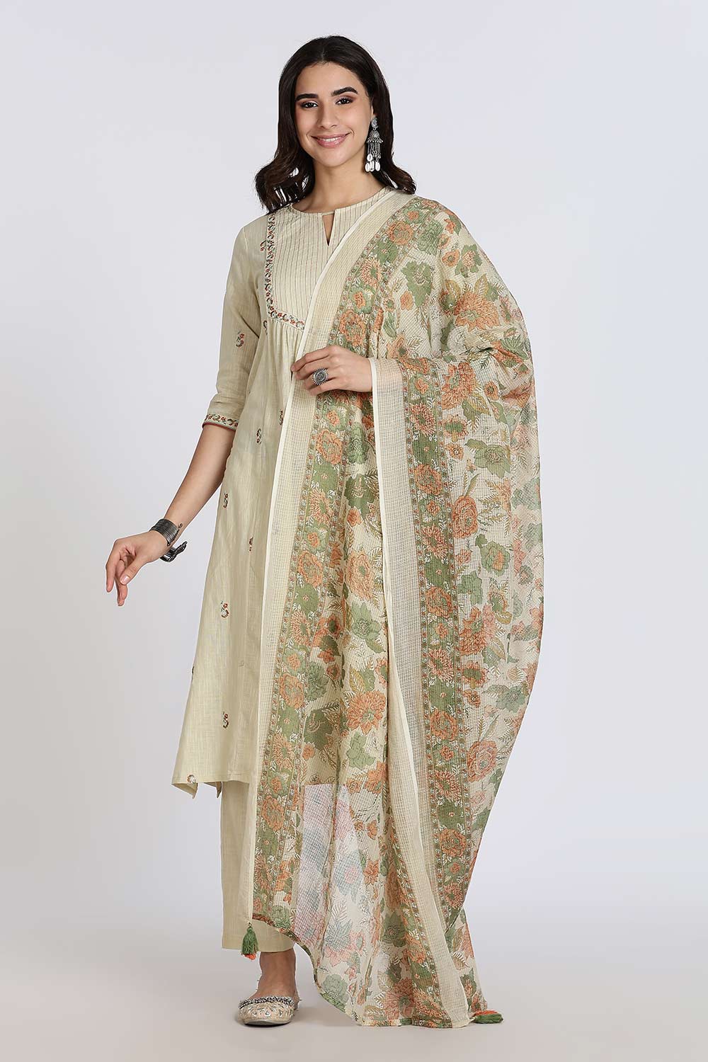 Mythri Women’s Cotton Cambric Kurthi Set 3 Piece Straight Cut Embroidered Kurthi with Pants and Kota Shawl - Green - R503