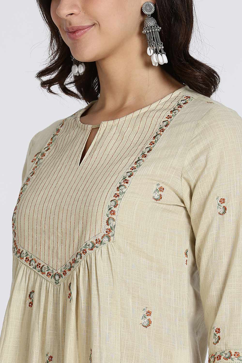 Mythri Women’s Cotton Cambric Kurthi Set 3 Piece Straight Cut Embroidered Kurthi with Pants and Kota Shawl - Green - R503
