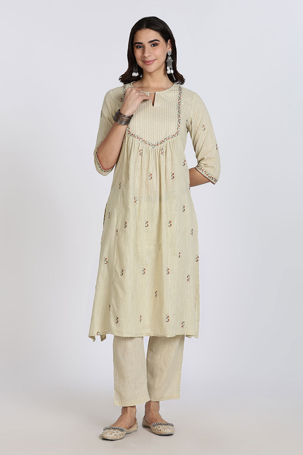 Mythri Women’s Cotton Cambric Kurthi Set 3 Piece Straight Cut Embroidered Kurthi with Pants and Kota Shawl - Green - R503