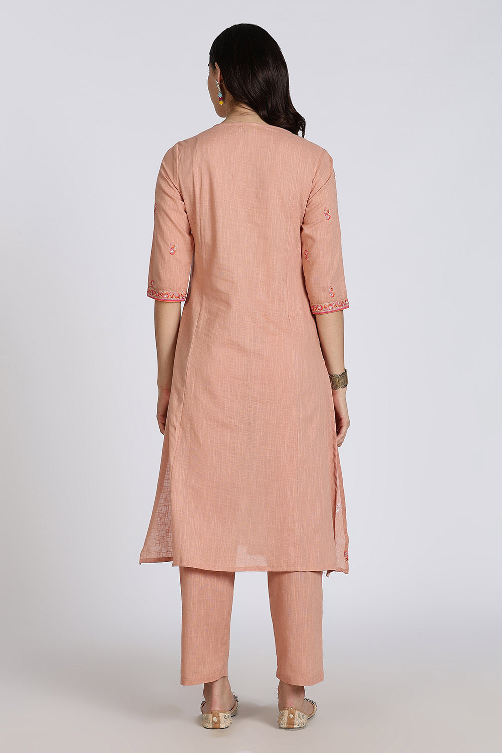 Mythri Women’s Cotton Cambric Kurthi Set 3 Piece Straight Cut Embroidered Kurthi with Pants and Kota Shawl - Orange - R503