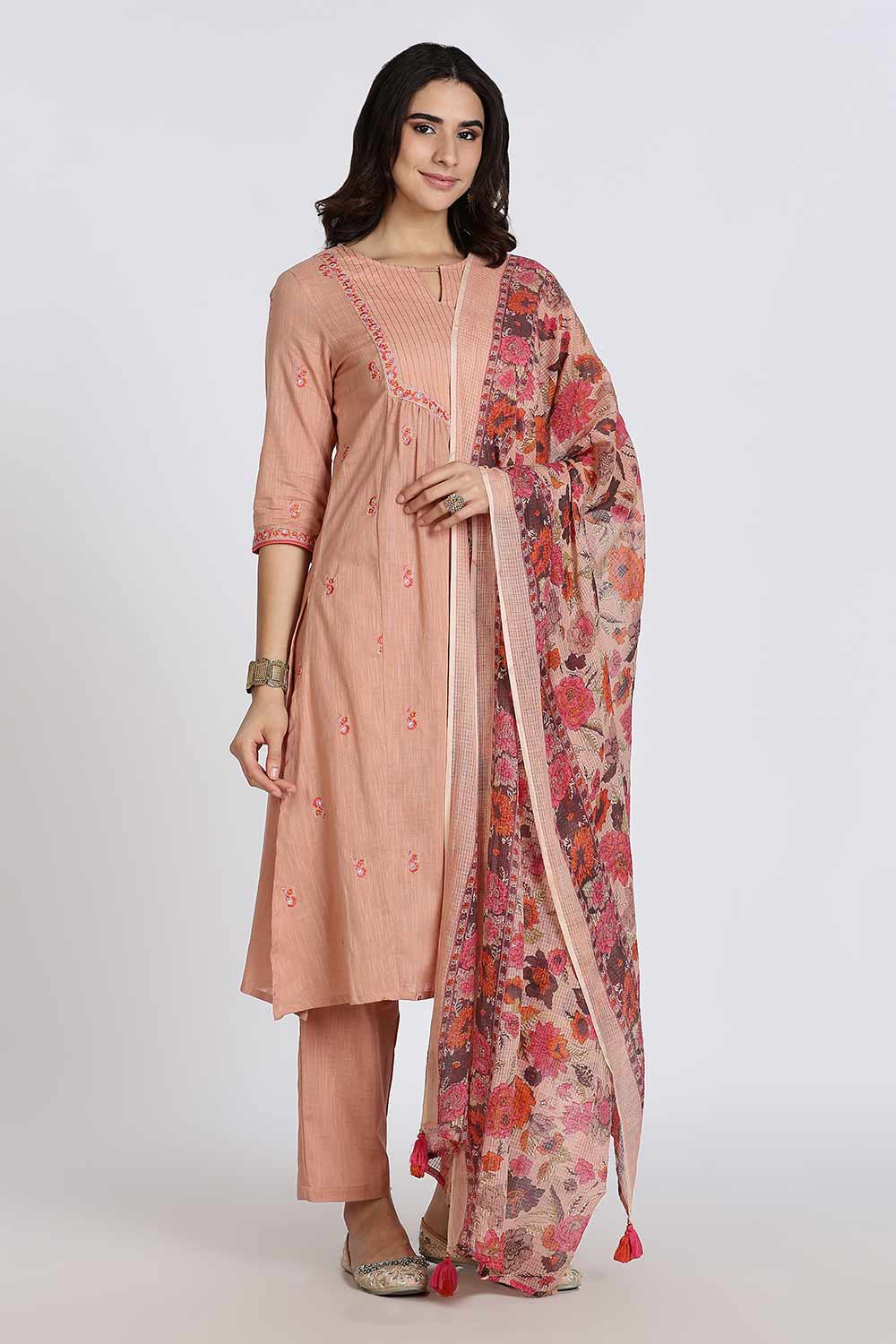 Mythri Women’s Cotton Cambric Kurthi Set 3 Piece Straight Cut Embroidered Kurthi with Pants and Kota Shawl - Orange - R503