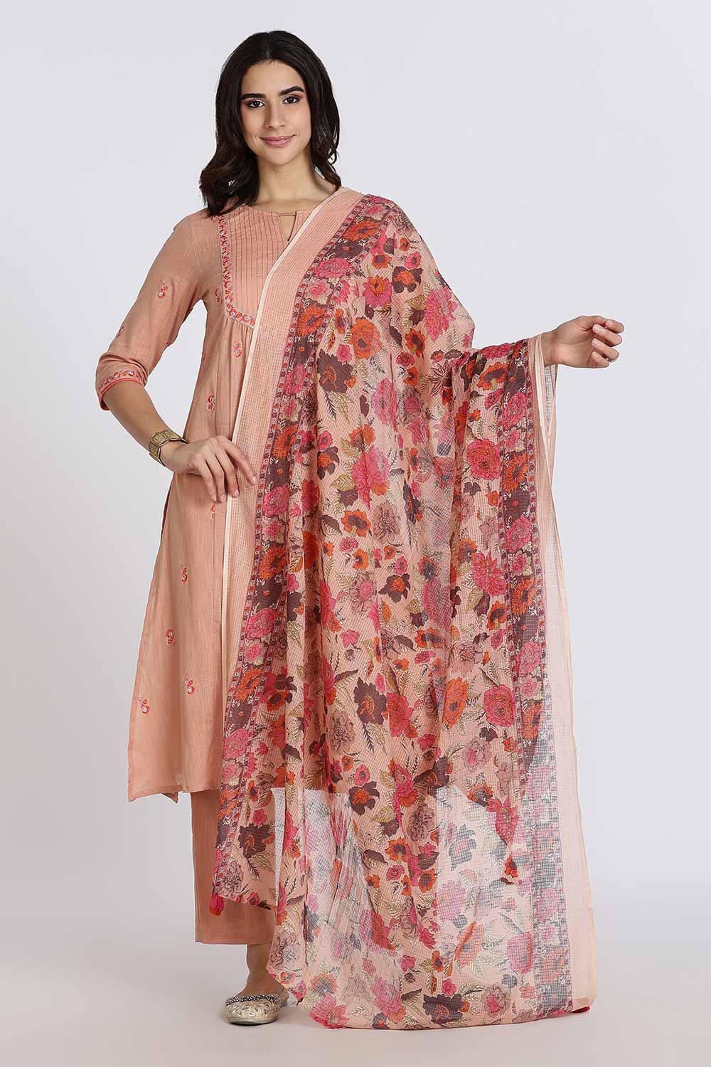 Mythri Women’s Cotton Cambric Kurthi Set 3 Piece Straight Cut Embroidered Kurthi with Pants and Kota Shawl - Orange - R503