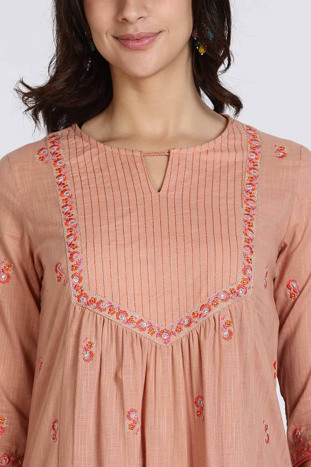 Mythri Women’s Cotton Cambric Kurthi Set 3 Piece Straight Cut Embroidered Kurthi with Pants and Kota Shawl - Orange - R503