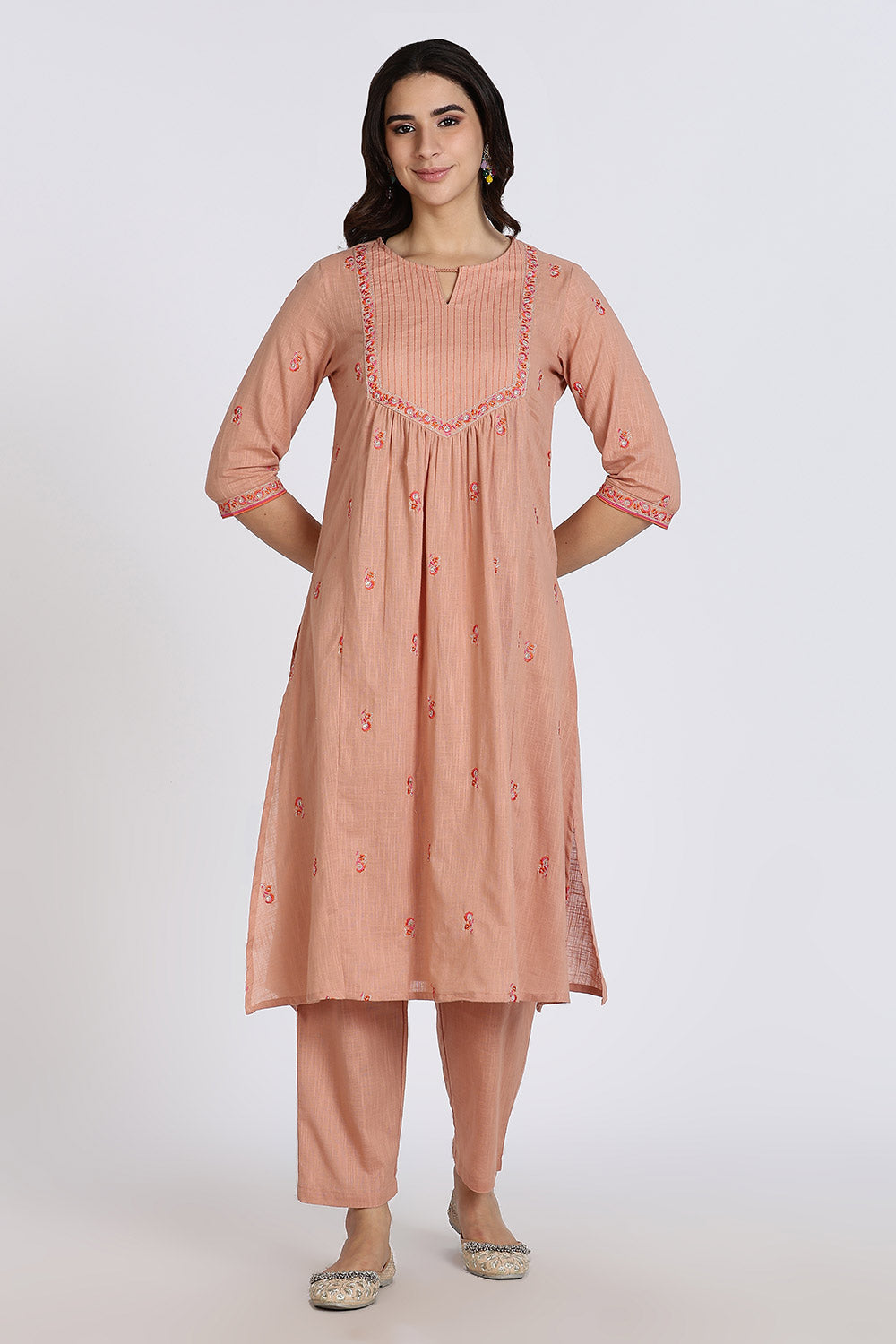 Mythri Women’s Cotton Cambric Kurthi Set 3 Piece Straight Cut Embroidered Kurthi with Pants and Kota Shawl - Orange - R503
