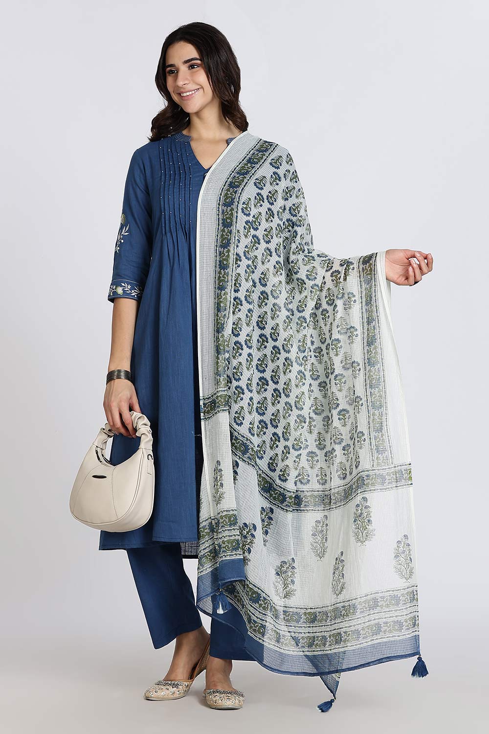 Mythri Women’s Cotton Cambric Kurthi Set 3 Piece Traditional Ethnic Wear with Pintucks Pants and Printed Dupatta - Blue - R505