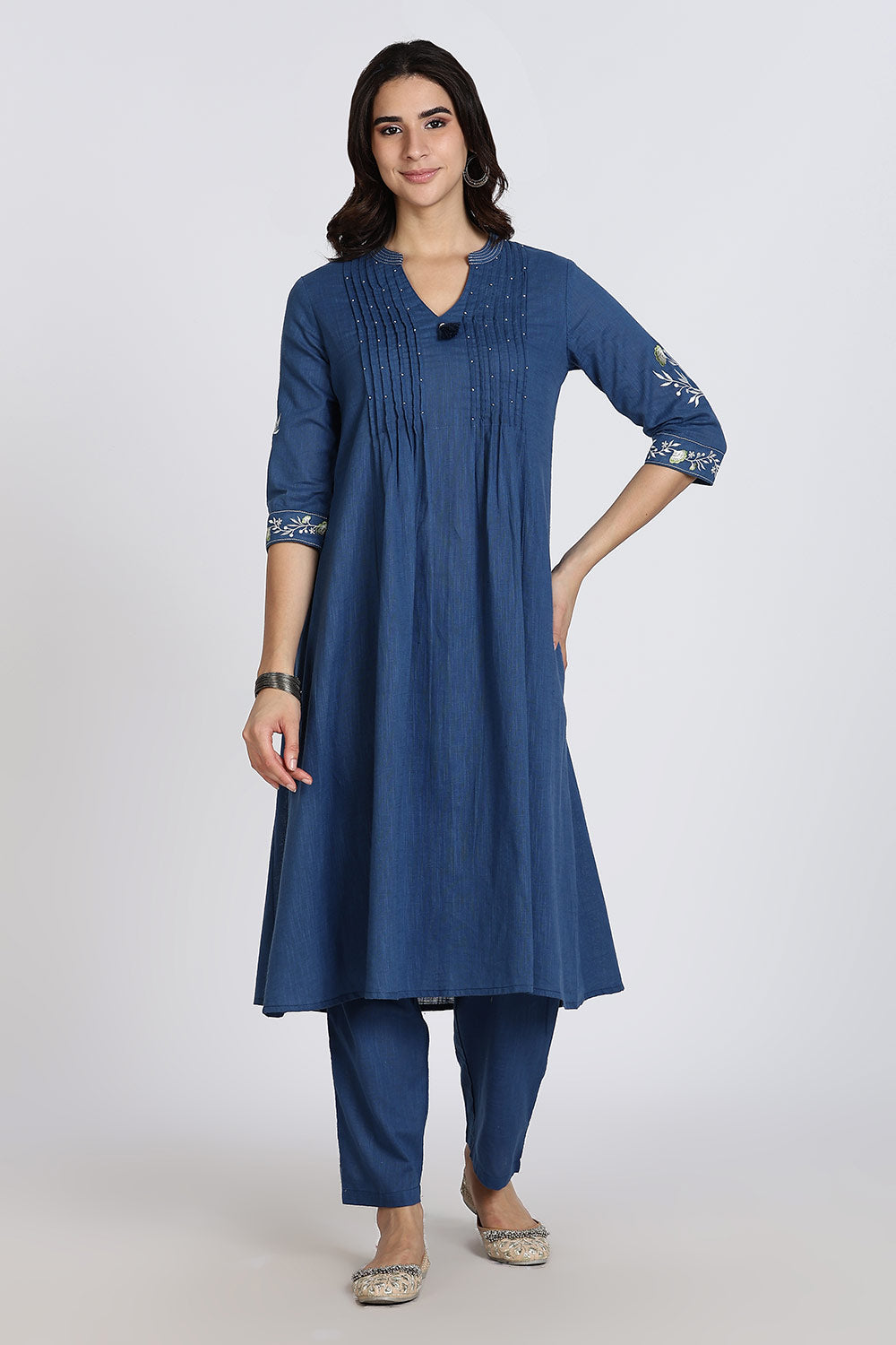 Mythri Women’s Cotton Cambric Kurthi Set 3 Piece Traditional Ethnic Wear with Pintucks Pants and Printed Dupatta - Blue - R505