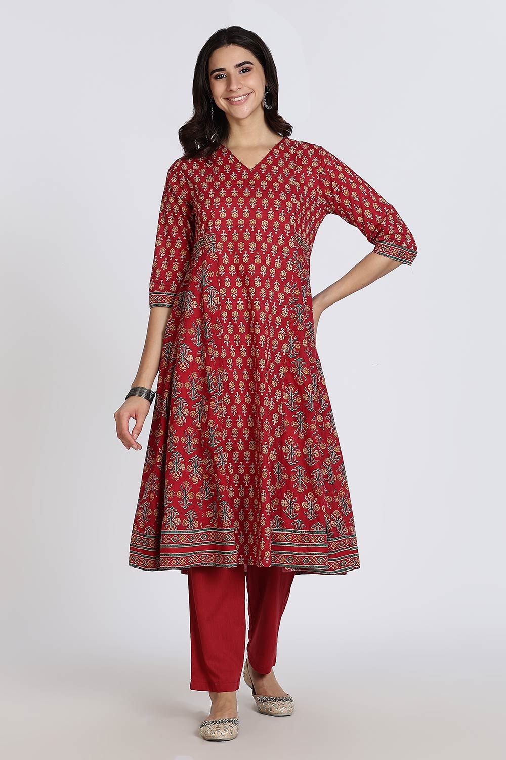 Mythri Women’s Anarkali Kurthi Set | 3-Piece Cotton Cambric with Pants & Dupatta | Floral Block Print - Red - K002