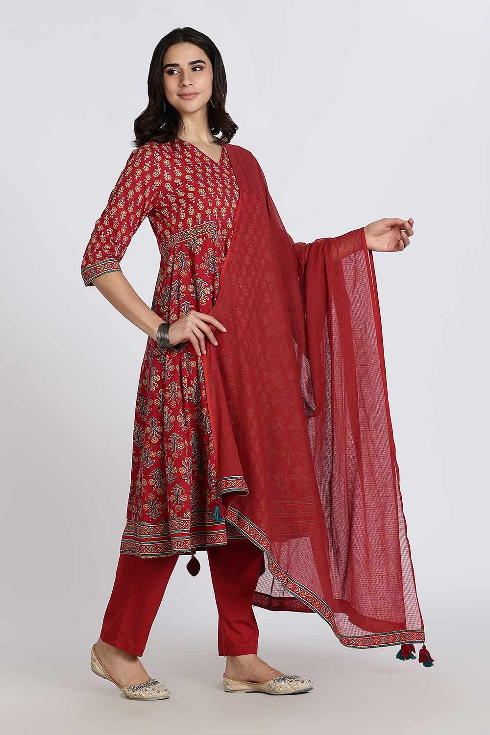 Mythri Women’s Anarkali Kurthi Set | 3-Piece Cotton Cambric with Pants & Dupatta | Floral Block Print - Red - K002