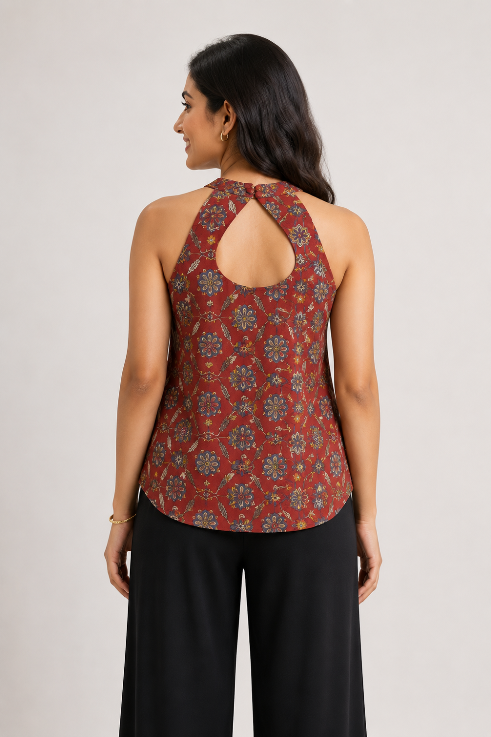 Mythri Women's Cotton Halter Neck Short Kurti Top | Sleeveless Princess Panel Ethnic Top for Women | Casual & Everyday Wear - TO49