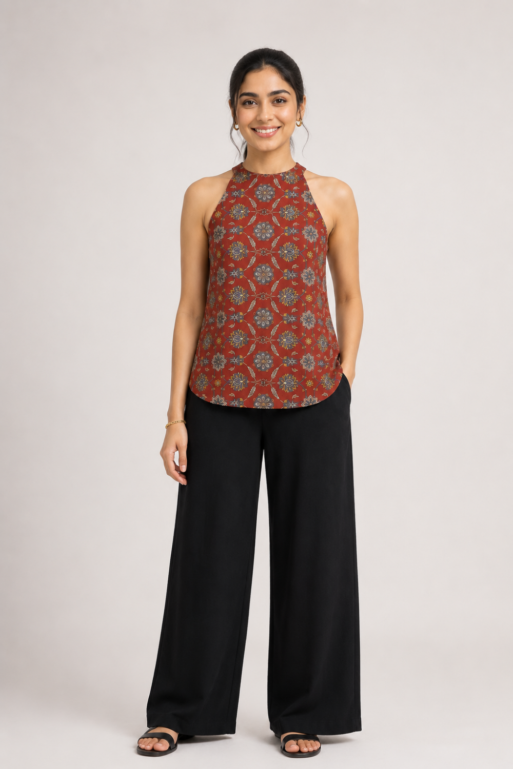 Mythri Women's Cotton Halter Neck Short Kurti Top | Sleeveless Princess Panel Ethnic Top for Women | Casual & Everyday Wear - TO49