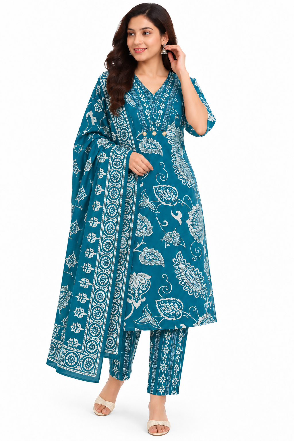 Women's Prints Cotton Blend Chudidar Set with V Neck Neckline and 3/4 Sleeve - Below Knee | Comfortable Ethnic Wear Chudidar Set for Office Wear, Daily Wear, Festive Wear - K229