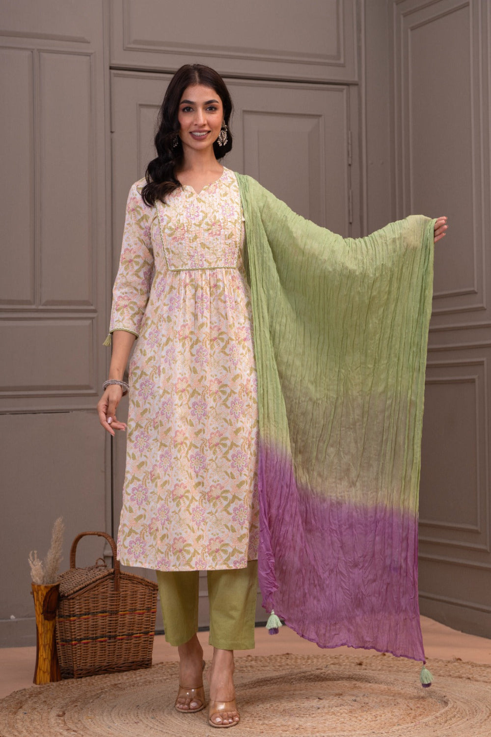 Mythri Women’s Pastel Floral Printed Cotton Kurta Set with Pintuck Yoke, Tassel Sleeves, Olive Pants & Ombre Dupatta | Daily Wear Cotton Chambric Three-Piece Set - G601