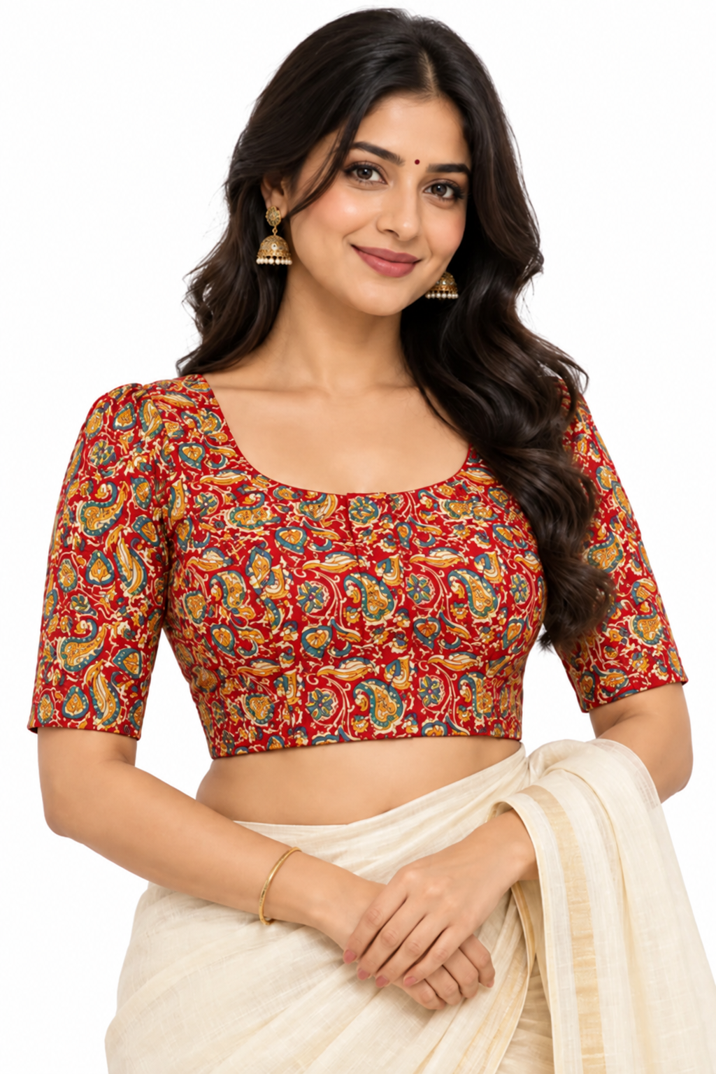 Women's Prints Cotton Blend Saree Blouse with Round Neck, Elbow Sleeve and Regular Fit | Ready-to-Wear Saree Blouse for Daily Wear & Festive Wear - 144D