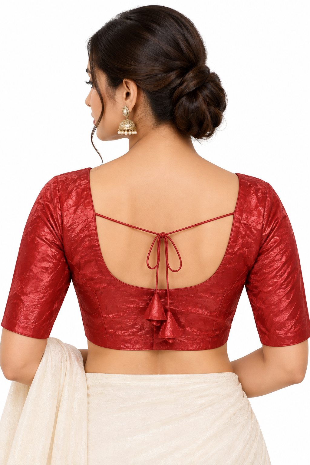 Women’s Padded Space Silk Princess Cut Readymade Saree Blouse | Front Open Round Neck Elbow Sleeve Blouse with Back Knot - 1121