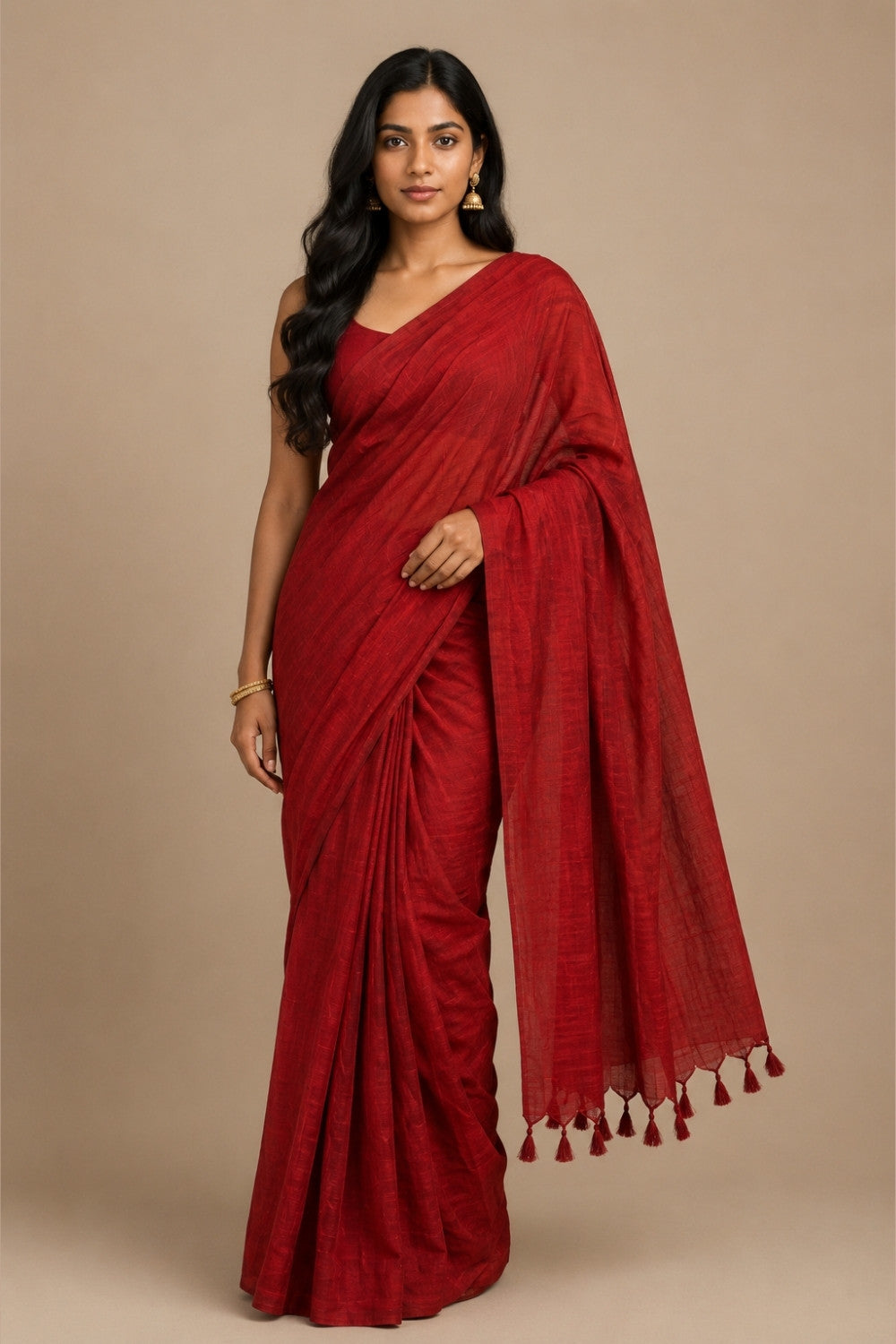 Naidu Hall Women's Maroon Khadi Cotton Blend Solid Saree with Blouse | Lightweight Ethnic Wear Saree - G359