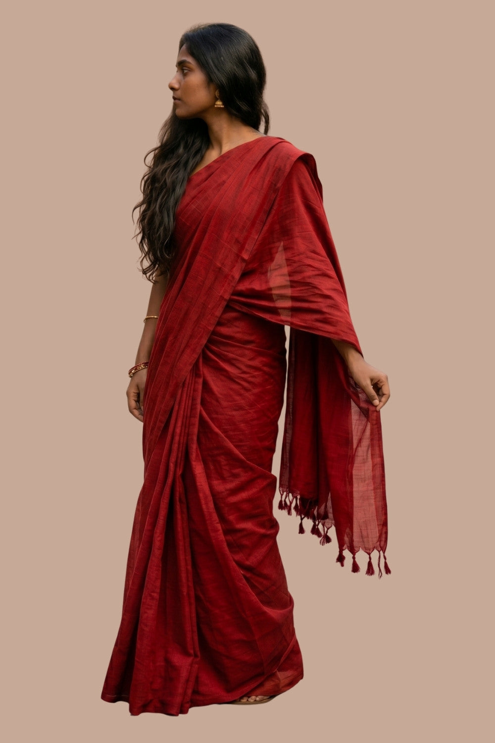 Naidu Hall Women's Maroon Khadi Cotton Blend Solid Saree with Blouse | Lightweight Ethnic Wear Saree - G359