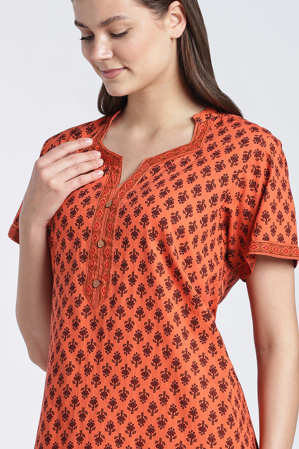 Naidu Hall Women’s Printed Cotton Nighty | Floral Block Print V-Neck Night Dress with Short Sleeves | Relaxed Fit Daily Wear & Sleepwear
 - NB50