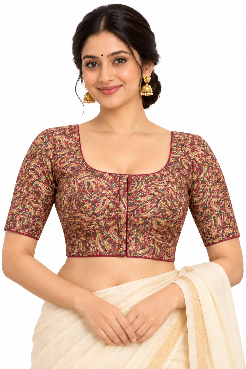 Women's Prints Cotton Blend Saree Blouse with Round Neck, Elbow Sleeve and Regular Fit | Ready-to-Wear Saree Blouse for Daily Wear & Festive Wear - 144C