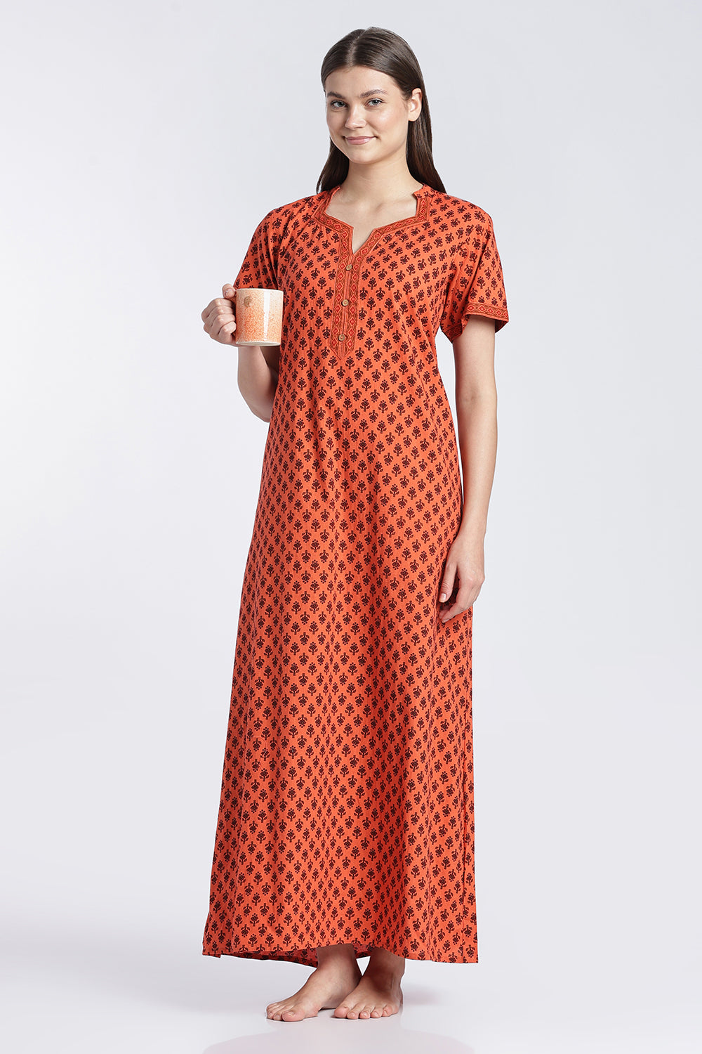 Naidu Hall Women’s Printed Cotton Nighty | Floral Block Print V-Neck Night Dress with Short Sleeves | Relaxed Fit Daily Wear & Sleepwear
 - NB50