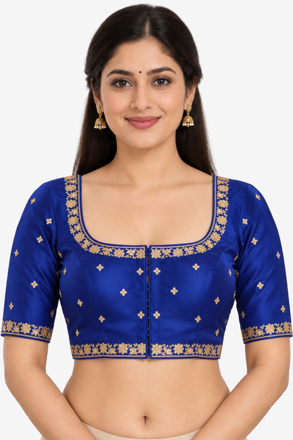 Women's Embroidery Silk Blend Saree Blouse with Round Neck Neckline and Elbow Sleeve - Regular | Ready-to-Wear Saree Blouse for Daily Wear, Festive Wear, Office Wear, Special Occasions - L566