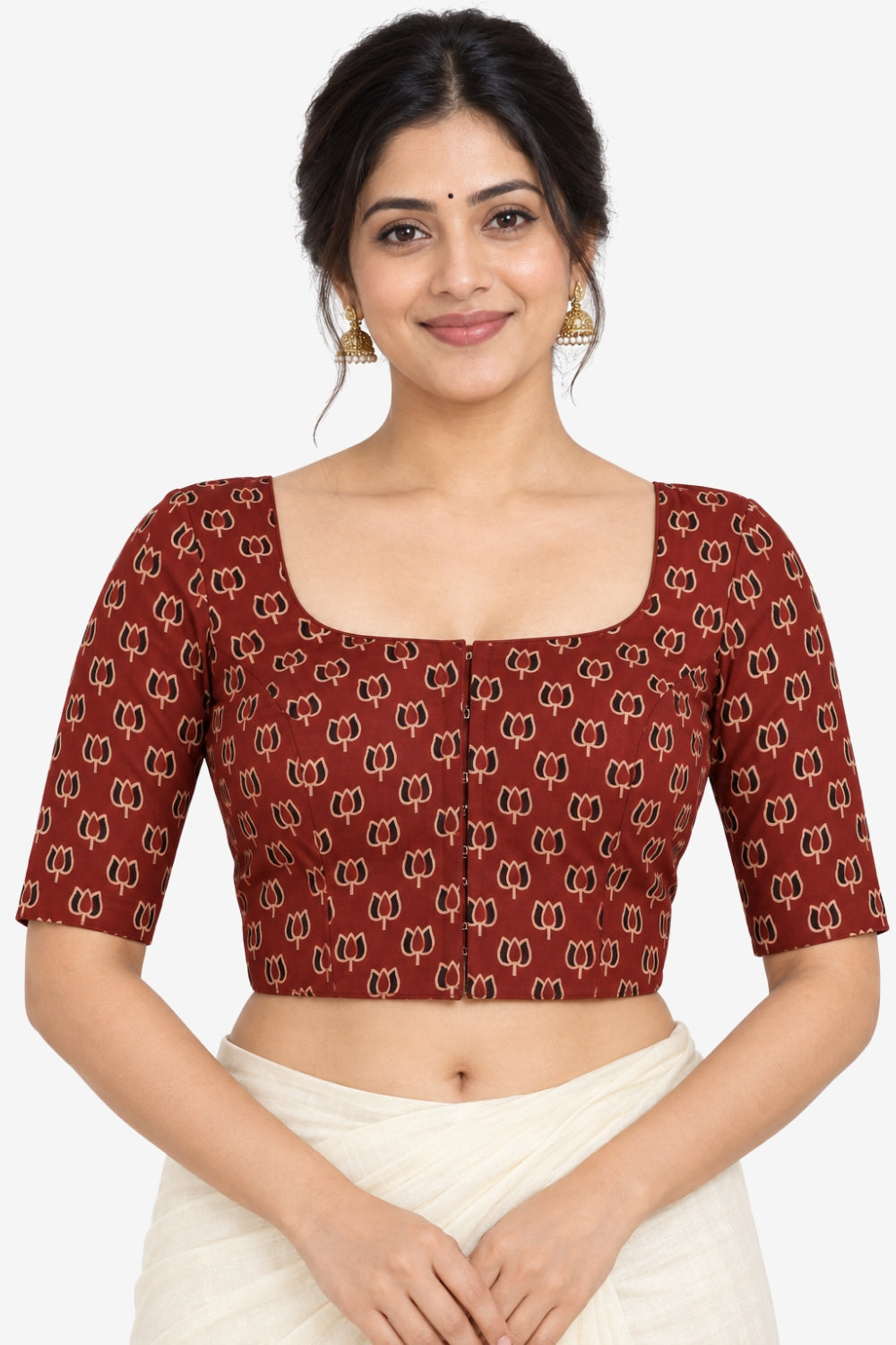 Women's Prints Cotton Blend Saree Blouse with Round Neck Neckline and Elbow Sleeve - Regular | Ready-to-Wear Saree Blouse for Daily Wear, Festive Wear, Office Wear, Special Occasions - 1009