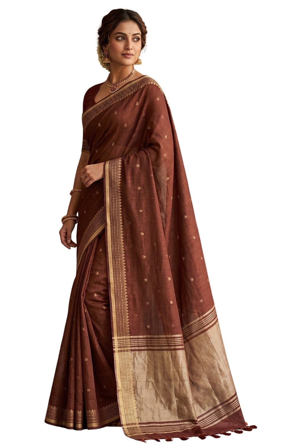 Naidu Hall Women's Rust Khadi Cotton Blend Jacquard Saree with Blouse | Lightweight Ethnic Wear Saree - G501