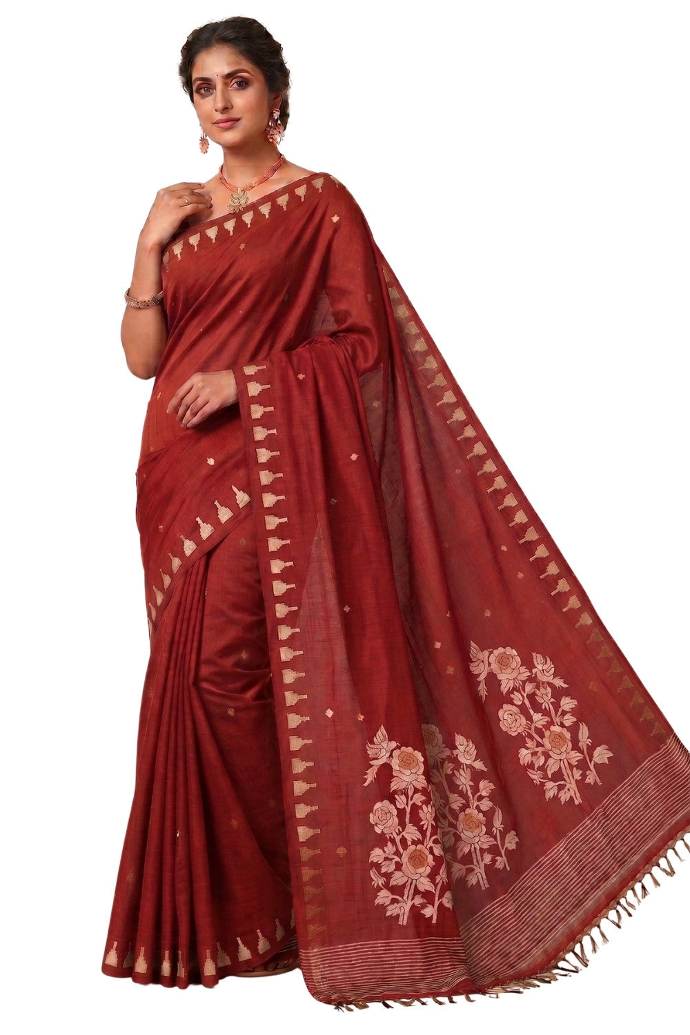 Naidu Hall Women's Rust Khadi Cotton Blend Jacquard Saree with Blouse | Lightweight Ethnic Wear Saree - G533