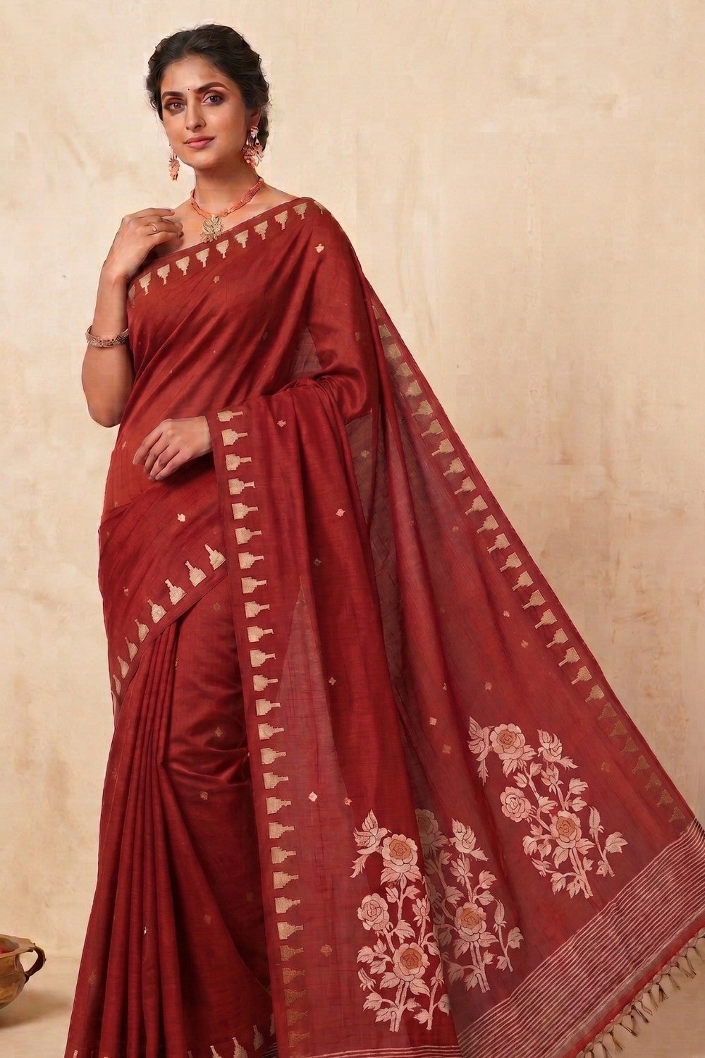 Naidu Hall Women's Rust Khadi Cotton Blend Jacquard Saree with Blouse | Lightweight Ethnic Wear Saree - G533