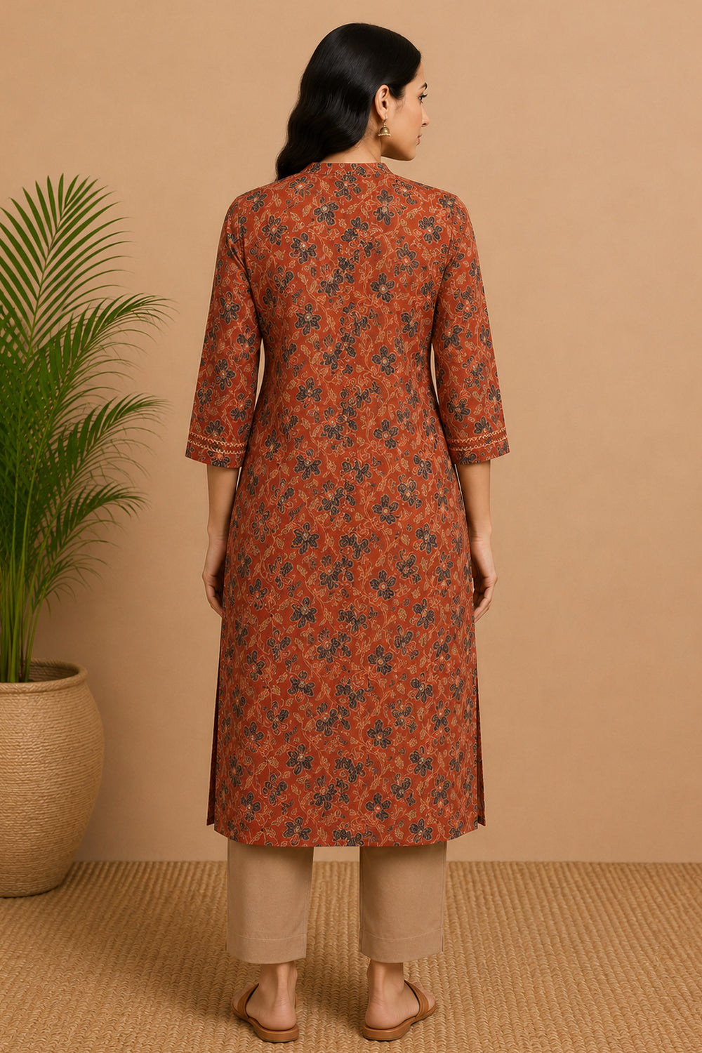 Women's Cotton Blend Printed Kurti | Mandarin Collar 3/4 Sleeve Below Knee Kurti for Women | Regular Fit Ethnic Daily Wear Kurta - JS52