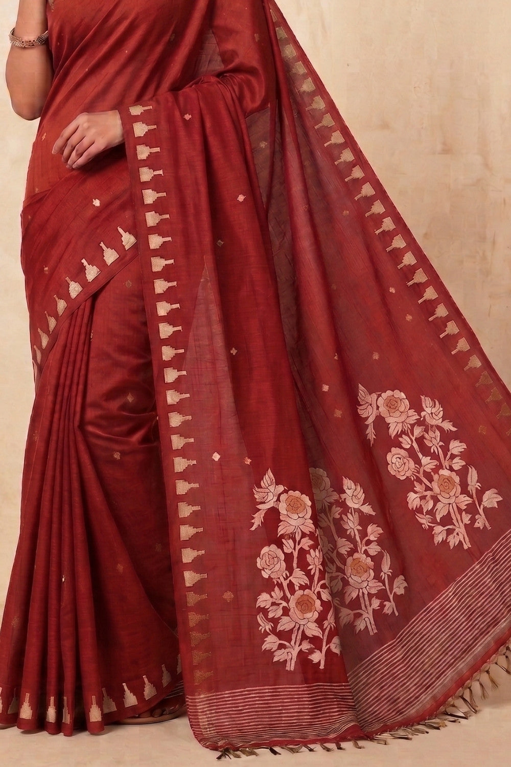 Naidu Hall Women's Rust Khadi Cotton Blend Jacquard Saree with Blouse | Lightweight Ethnic Wear Saree - G533