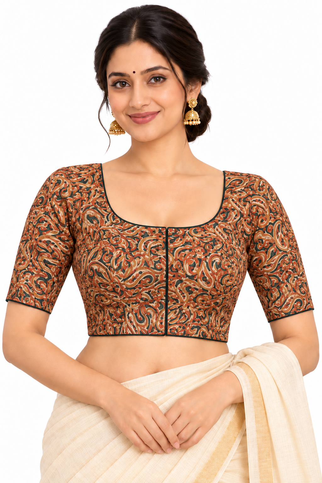 Women's Prints Cotton Blend Saree Blouse with Round Neck, Elbow Sleeve and Regular Fit | Ready-to-Wear Saree Blouse for Daily Wear & Festive Wear - 144C