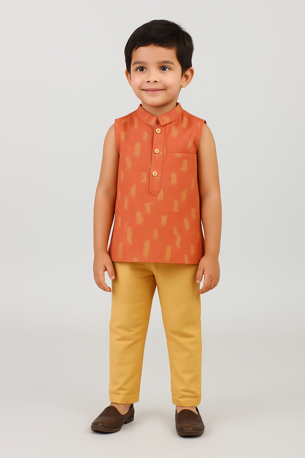 Navkrish Traditional Boy's Kurta Set Brocade Sleeveless Top with Gold Button & Straight Pants - Peach - S010