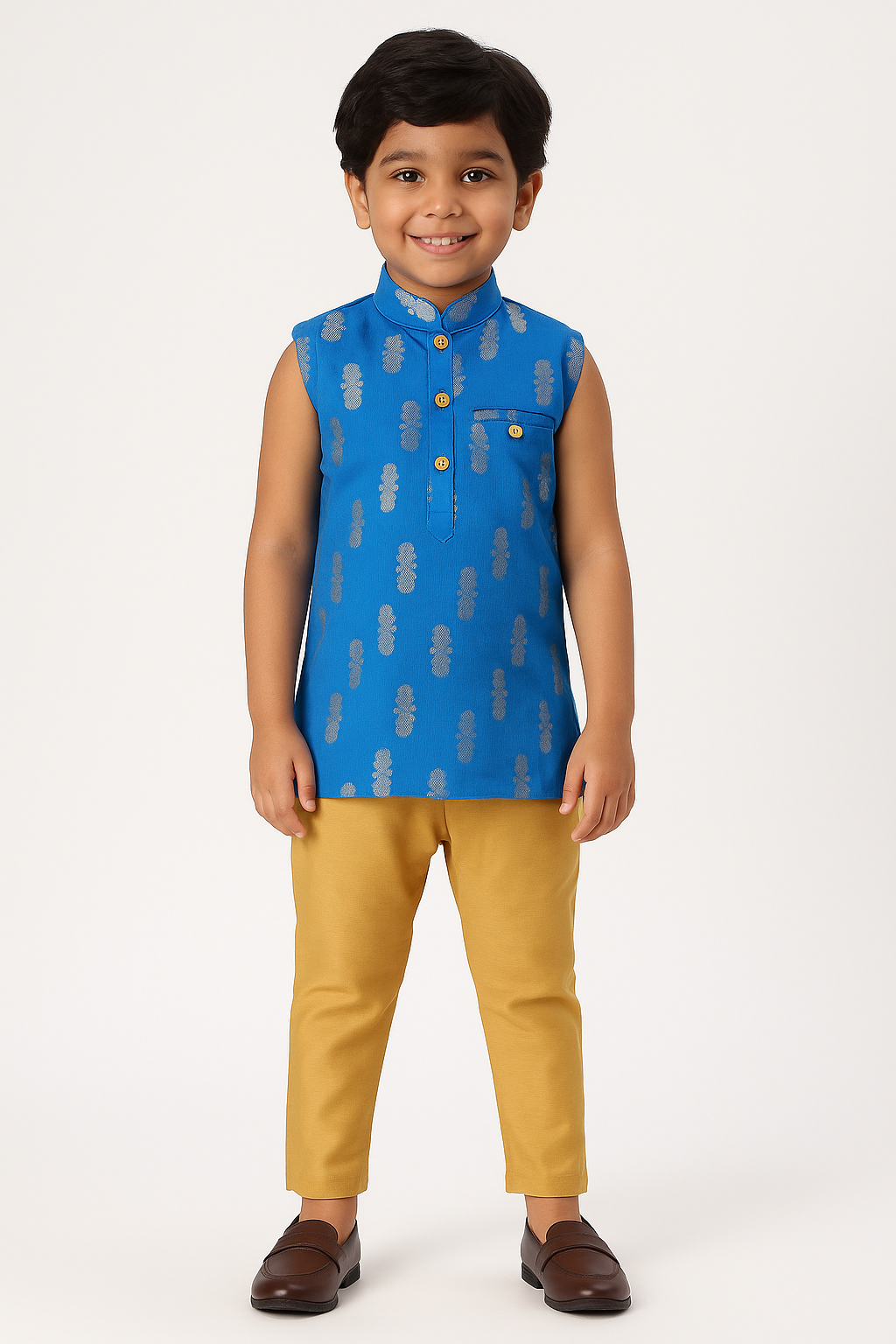 Navkrish Traditional Boy's Kurta Set Brocade Sleeveless Top with Gold Button & Straight Pants - Blue - S010