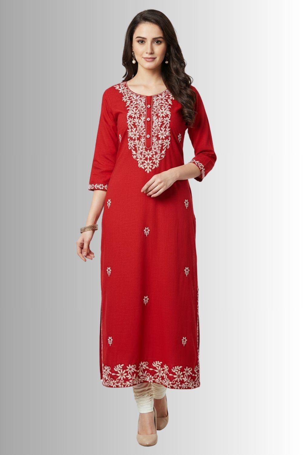 Women’s Printed Rayon Embroidered Kurthi with 3/4 Sleeves Below Knee Length - Red - S093