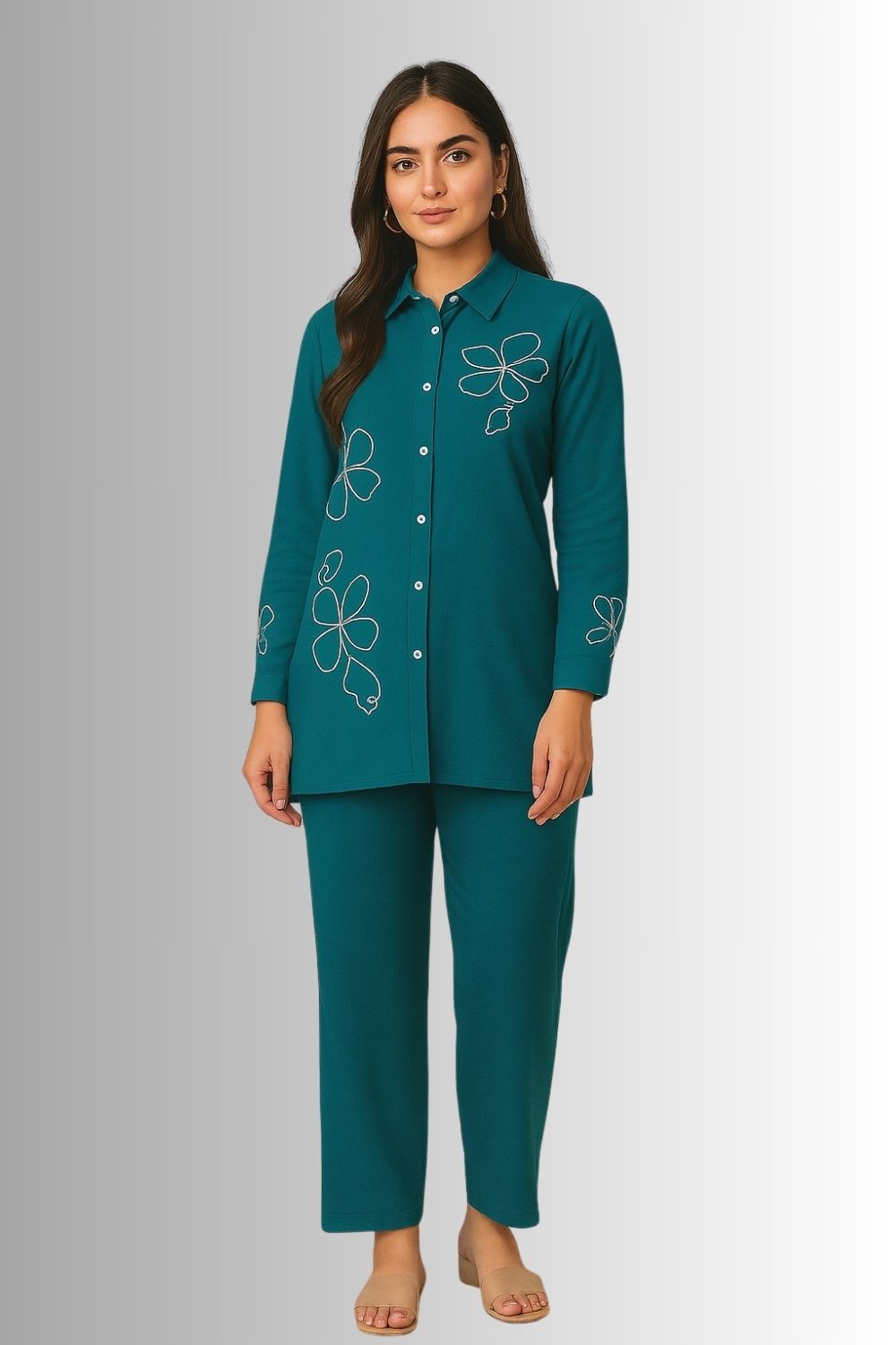 Women’s Printed Cotton Blend Embroidered Woven Co-ords Set with V Neck and Full Sleeves - Dark Green - S119