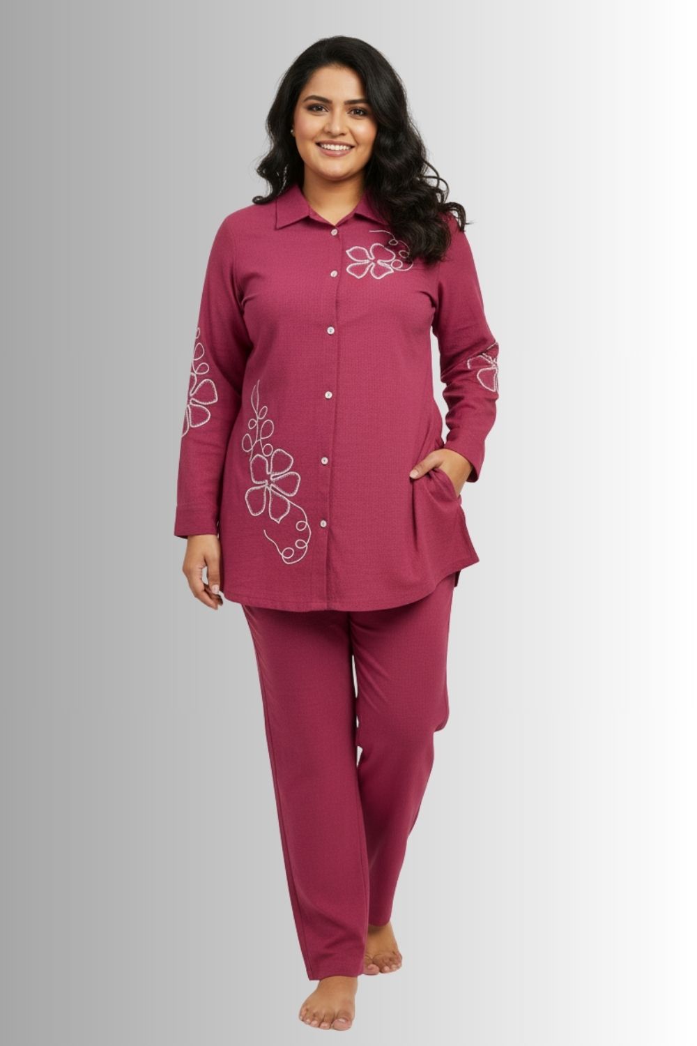 Women’s Printed Cotton Blend Embroidered Woven Co-ords Set with V Neck and Full Sleeves - Pink - S119