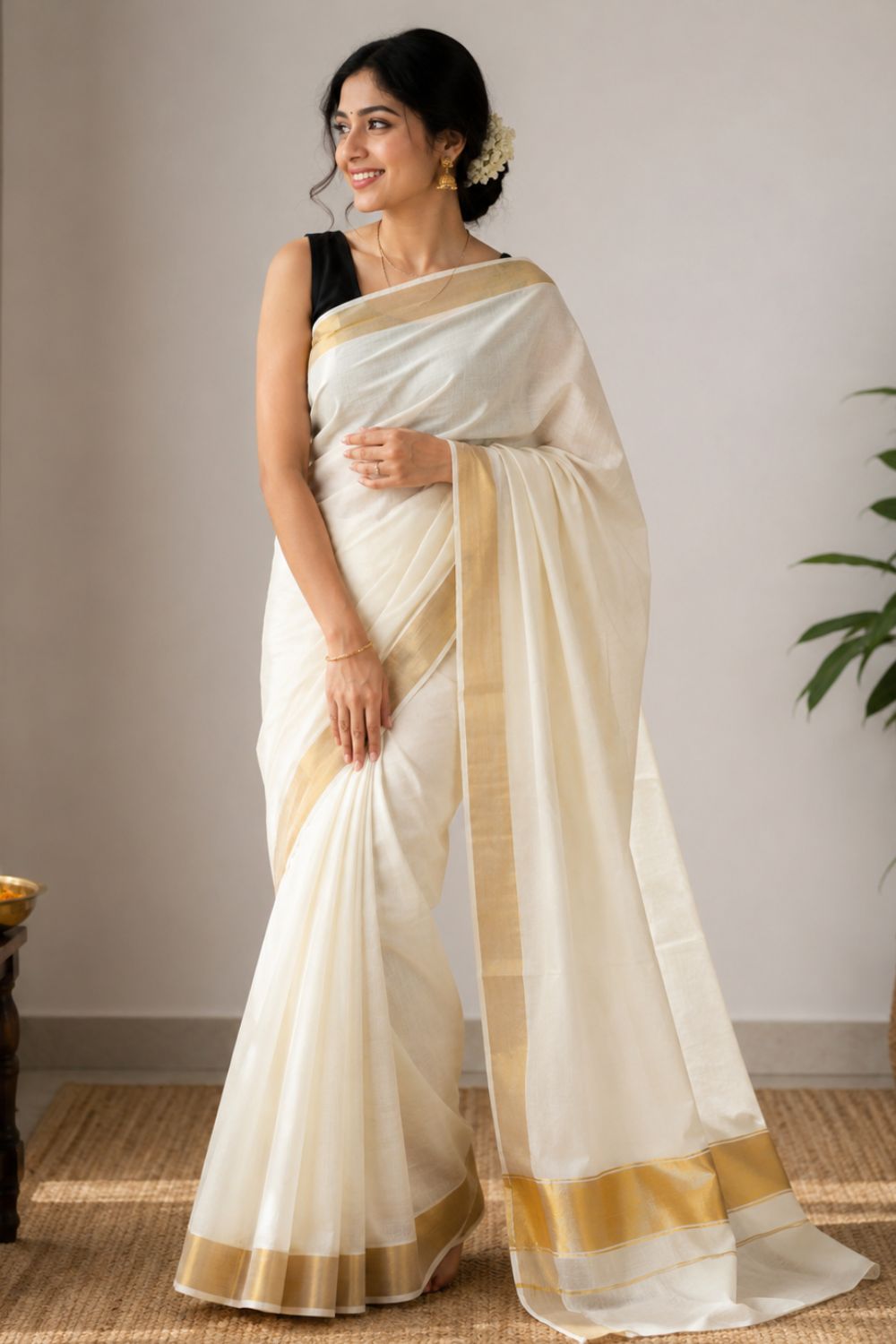 Women’s Kerala Onam Saree | Traditional Cotton Blend Kasavu Saree with Gold Border | Kerala Saree for Onam, Vishu, Temple, Festive & Traditional Wear - Gold - S129