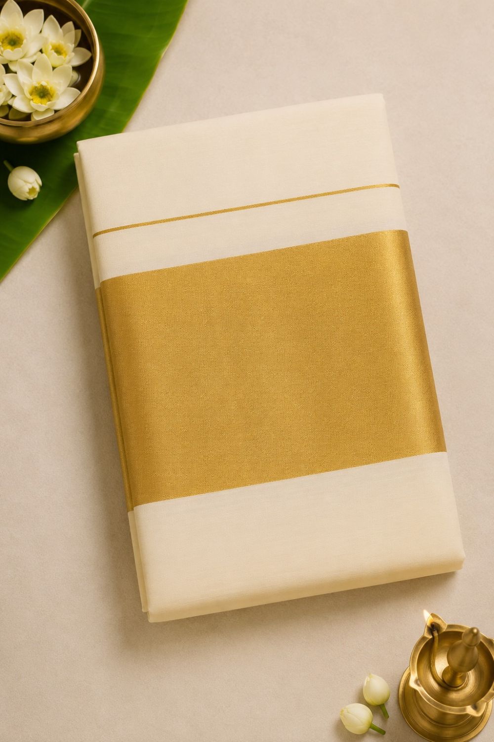 Women’s Kerala Onam Saree | Traditional Cotton Blend Kasavu Saree with Gold Border | Kerala Saree for Onam, Vishu, Temple, Festive & Traditional Wear - Gold - S129