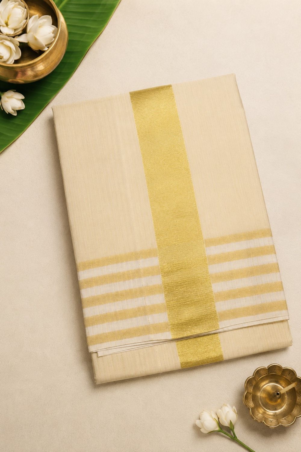 Women’s Kerala Onam Jacquard Saree | Cotton Blend Kerala Saree with Gold Jacquard Detailing | Traditional Kasavu Style Festive Saree for Women - Gold - S133