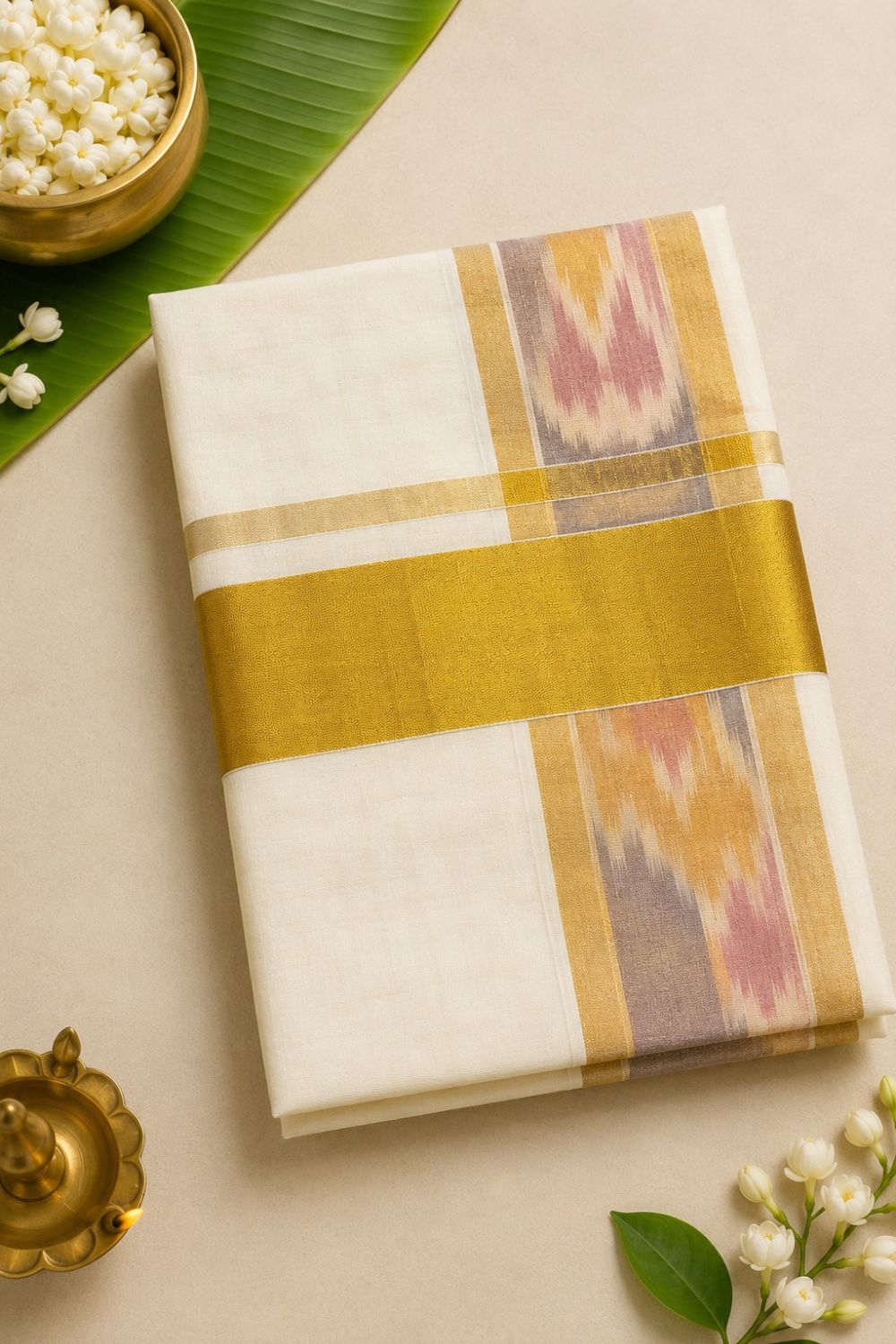 Women’s Kerala Onam Striped Saree | Cotton Blend Kerala Saree with Gold Detailing | Traditional Kasavu Style Saree for Onam & Festive Wear - Gold - 145P