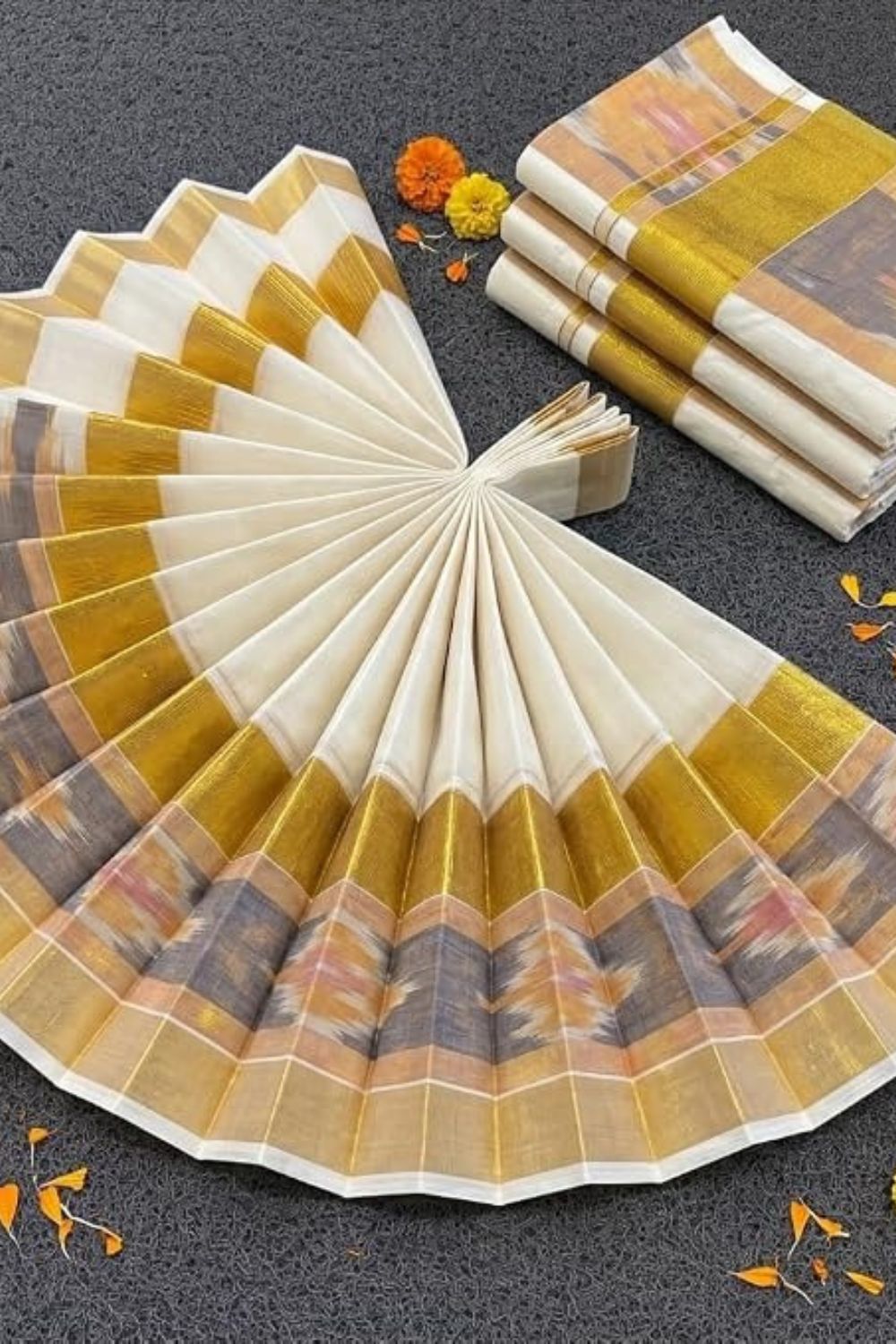 Women’s Kerala Onam Striped Saree | Cotton Blend Kerala Saree with Gold Detailing | Traditional Kasavu Style Saree for Onam & Festive Wear - Gold - 145P