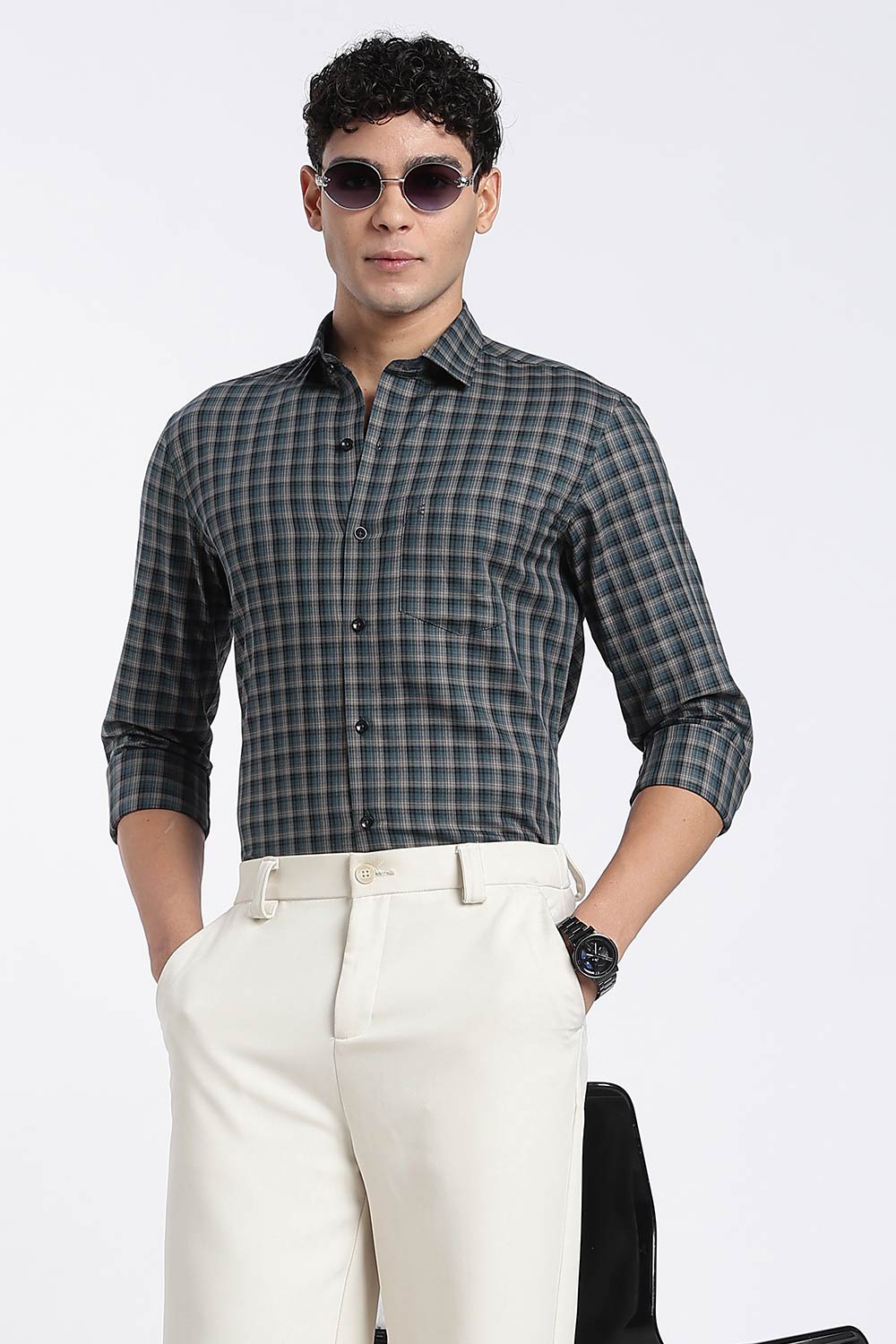 Enhance Men’s Cotton Check Shirt – Full Sleeve Casual Shirt with Button Placket & Pocket | Everyday Wear Shirt for Men - Blue1 - SH37