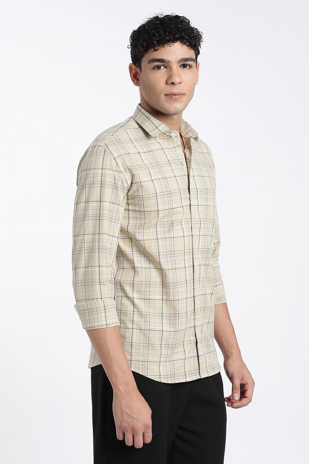 Enhance Men’s Cotton Check Shirt – Full Sleeve Casual Shirt with Button Placket & Patch Pocket | Everyday Wear - Beige - SH37-C3