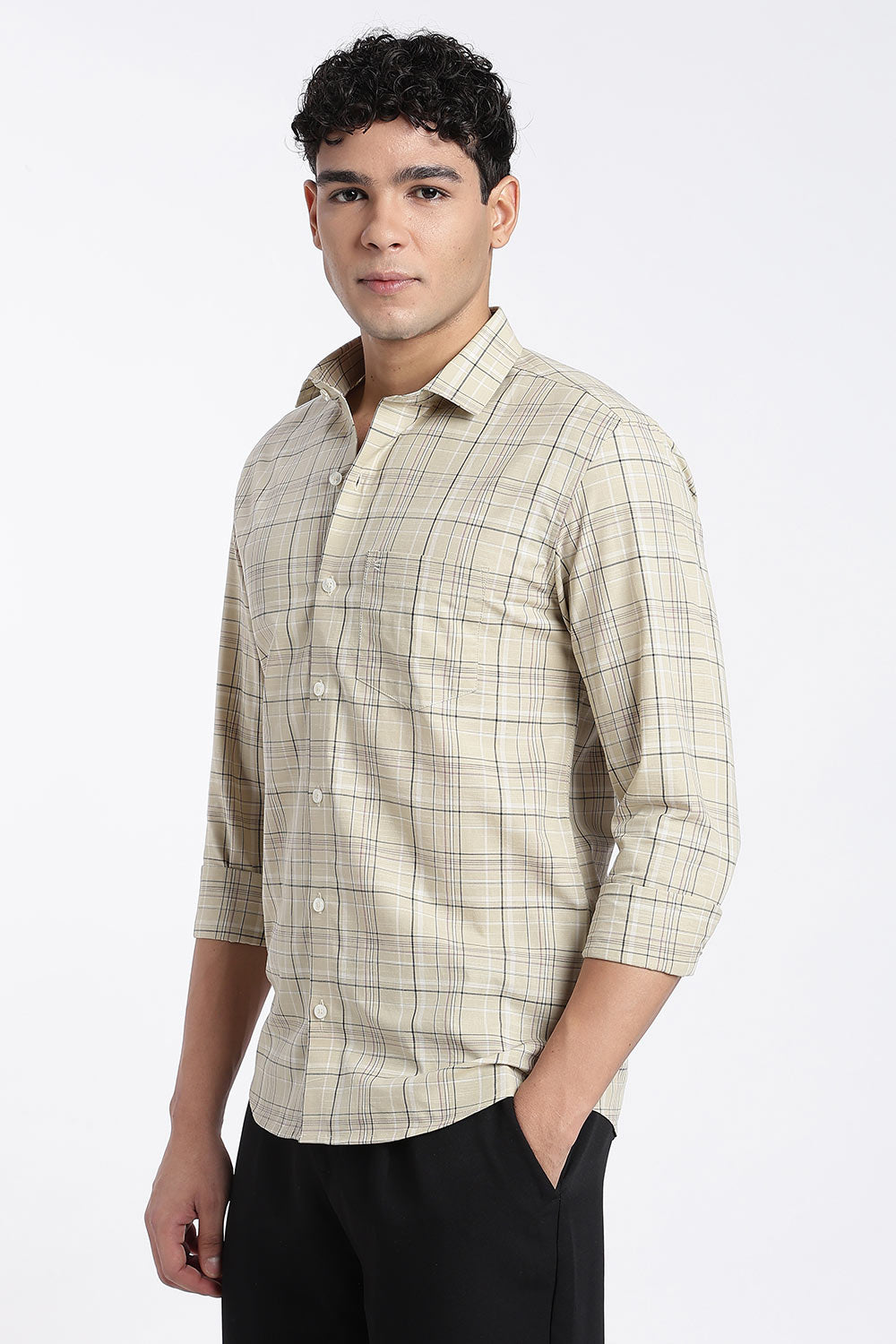 Enhance Men’s Cotton Check Shirt – Full Sleeve Casual Shirt with Button Placket & Patch Pocket | Everyday Wear - Beige - SH37-C3